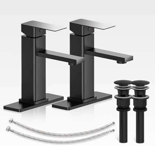 Bathroom Faucets Set with Pop Up Drain, Modern Single Handle Black Bathroom Sink Faucet w/Deck Plate(1 or 3 Hole), Farmhouse RV Vanity Sink Faucet-2 Sets, baño lavamanos Llave