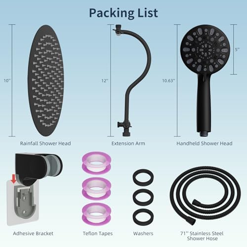 Hibbent All Metal Shower Head, 10'' High Pressure Rainfall Shower Head, Handheld Showerhead Combo, 12'' Adjustable Curved Extension Arm, 7 Sprays, 71'' Shower Hose, Showerhead Holder, Matte Black