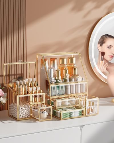 CoralHouse Clear Makeup Organizer with Gold Frame – Countertop Vanity Organizer for Skincare, Lipsticks, Perfume & Brushes – Bathroom Cosmetic Storage Display Box