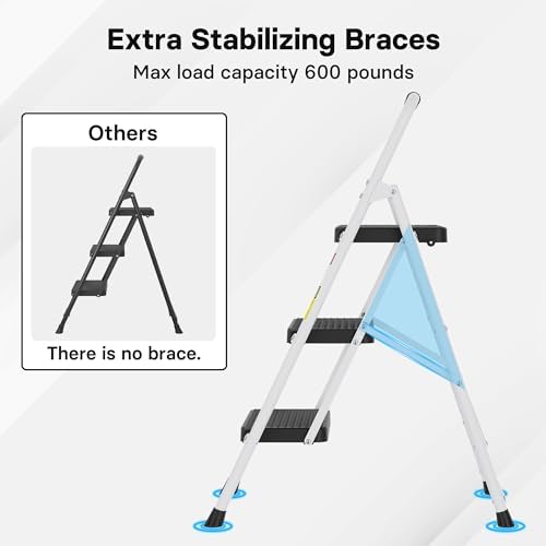 BONTEC 3-Step Ladder, Folding Step Stool, 600lbs Max Load Capacity, Sturdy Steel, Non-Slip Pedals, Lightweight, Portable Steel Ladder with Convenient Handrail, Safety Design for Home & Work, White