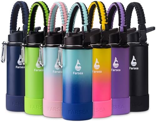 Farsea Insulated Water Bottle With Paracord Handle, Protective Boot and 2 Lids (Straw Lid & Spout Lid), Stainless Steel Water Bottle Wide Mouth, Double Wall Sweat-Proof BPA-Free, 18 oz