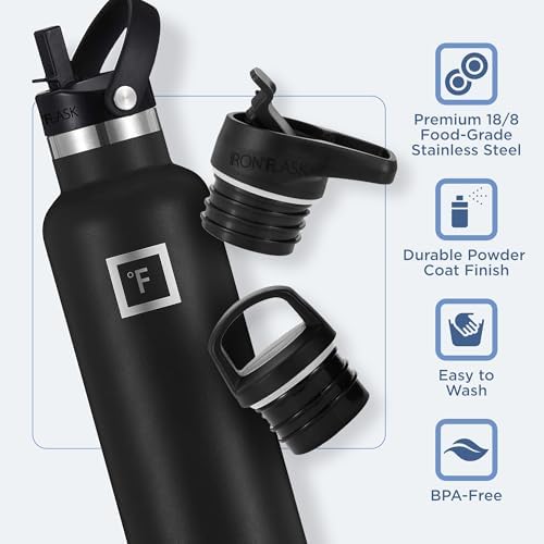 IRON °FLASK Camping & Hiking Hydration Canteens - 3 Lids (Narrow Straw Lid) Leak Proof Vacuum Insulated Stainless Steel - Hot & Cold Double Walled Sports Water Bottle - Sand, 20 Oz