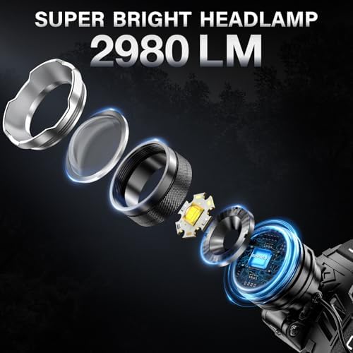 AKNEAR LED Rechargeable Headlamp 2980 High Lumens, 95 Hours Endurance Head Lamp with Zoomable & 12 Modes & IPX7 Waterproof & 125ยฐ Adjustable, Super Bright Head Light for Outdoor, Camping, Hard Hat