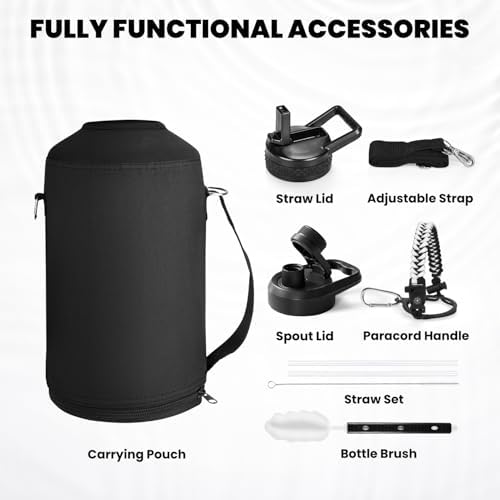 One Gallon Water Bottle Insulated, Triple Walled Vacuum Stainless Steel (Cold for 48 Hrs), Leak Proof & Non-BPA, Large Water Flask Jug with Paracord Handle & Straw Spout Lids