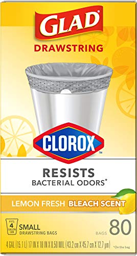 Glad Small Trash Bags 4 Gallon, Lemon Fresh Bleach Garbage Bags, Odor Resistant with Drawstring, 80 Count