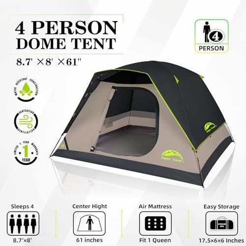 Happy Travel Camping Tent, 4 Person Dome Tents for Camping with Rainfly, Waterproof Clip Easy Setup Portable Family Tent with Mesh Windows, 20% More Headroom Backpacking Tents for Camping & Hiking