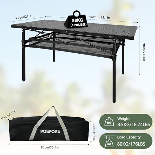 Large Folding Camping Table Aluminum with Storage for 4-6 People 55"X27.5" Roll Up Tall Outdoor Portable Table Lightweight with Carry Bag for Picnic BBQ Backyard Beach