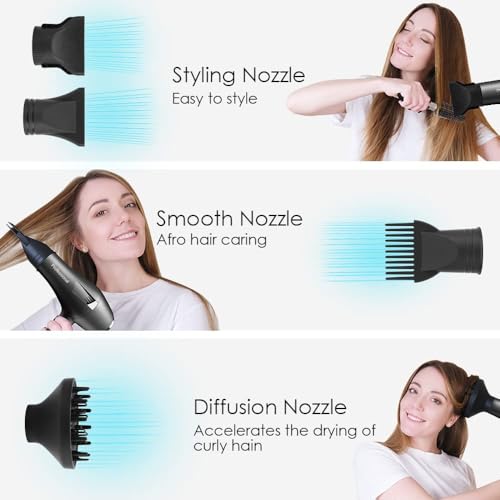 Faszin Ionic Salon Hair Dryer, Professional Blow Dryer AC Motor Fast Drying with 2 Speed, 3 Heat Setting, Cool Button, with Diffuser, Nozzle, Concentrator Comb for Curly & Straight Hair-Black