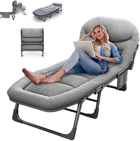 Chaise Lounge Chair, Folding Cot, 6-Angle Adjustable Camping Cot with Mattress for Patio and Beach, Foldable Bed Portable Heavy Duty Lay Flat Reclining with Pillow (Grey, M - 70")