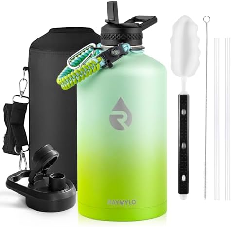 One Gallon Water Bottle Insulated, Triple Walled Vacuum Stainless Steel (Cold for 48 Hrs), Leak Proof & Non-BPA, Large Water Flask Jug with Paracord Handle & Straw Spout Lids