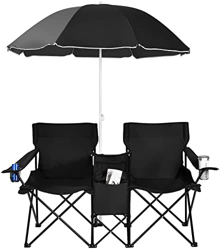 ReunionG Double Folding Camping Chairs, Portable Beach Chairs with Removable Umbrella & Mini Table Carrying Bag, Outdoor Lawn Chairs for Picnic, Patio, Pool, Park (Black)