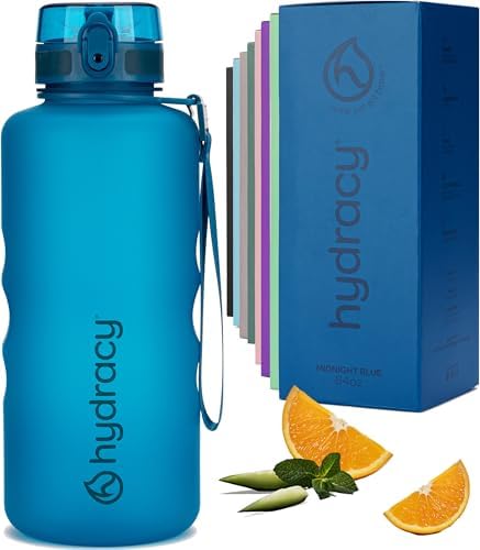 Hydracy Water Bottle with Time Marker -Large BPA Free Water Bottle & No Sweat Sleeve -Leak Proof Gym Bottle with Fruit Infuser Strainer & Times to Drink -Ideal for Fitness Sports & Outdoors