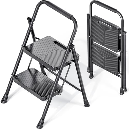 KINGRACK 2 Step Ladder, Folding Step Stool with Safe-Lock Design, 500 lbs Sturdy Steel Ladder with Wide Anti-Slip Pedal, Convenient Handrail for Household and Kitchen, Black