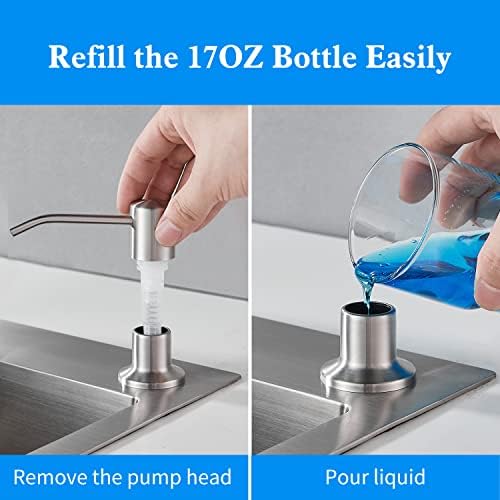 Built in Soap Dispenser for Kitchen Sink, Brushed Nickel Stainless Steel Countertop Pump Head (Plastic Built-in), Dish Soap Hand Lotion Dispenser with Refillable 17OZ Bottle