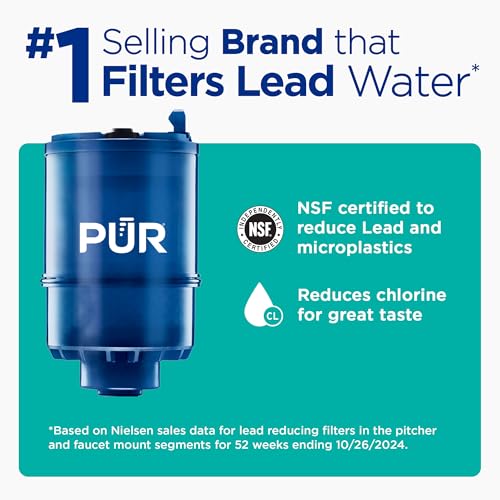PUR PLUS Vertical Faucet Mount Water Filtration System, Lead-Reducing Filter, Great-Tasting Water, Easy Install, Lasts 100 Gallons, Compatible with Sinks with External Aerators, Grey