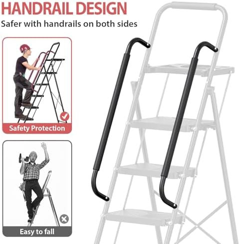 KINGRACK Folding 5 Step Ladder, Portable Ladder for Multi-Purpose, Home, Kitchen, Heavy Sturdy Steel Step Stool with Anti-Slip Wide Pedals, Handrail, Safe-Lock Design, Pass 500lbs Load Testing, Black
