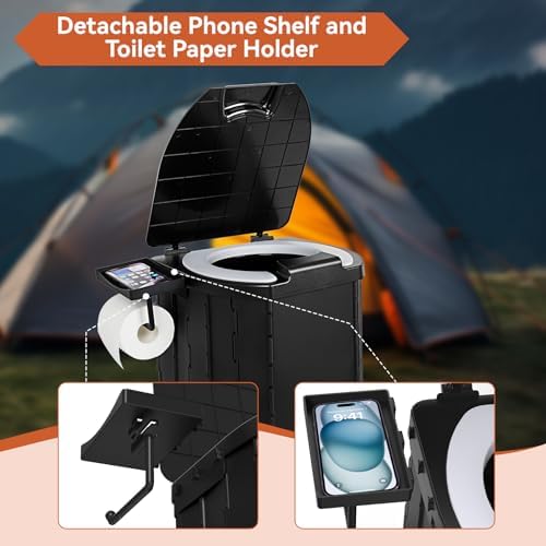 Portable Camping Toilet Upgraded Soft Camp Toilet Seat with Paper Holder- Travel Potty Perfect for Emergency Preparedness, Backcountry, Car, Boat, Road Trips. (BLACK)