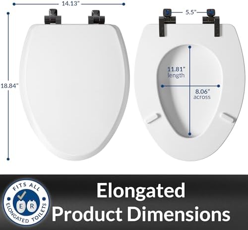 Mayfair Bennett Toilet Seat with Matte Black Hinges, Slow Close Wood Seat, Secure Metal Hinges, Easy Install, Made in USA, Elongated, White