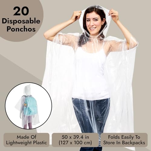 Juvale 20-Pack Disposable Rain Ponchos with Hood for Adults, Lightweight Emergency Plastic Poncho for Outdoor Events, Travel, Camping, Hiking, and Festivals, Clear
