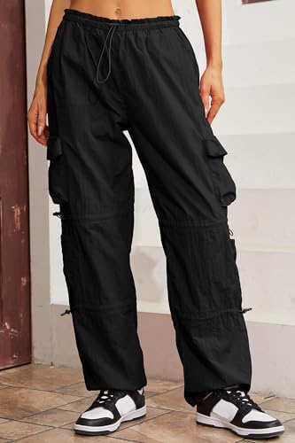 QYANGG Baggy Parachute Pants for Women& Girls Drawstring Elastic Low Waist Ruched Cargo Pants Multiple Pockets Jogger Y2K