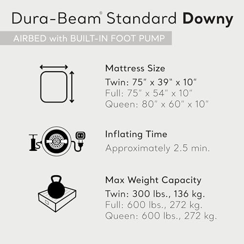 Intex 64761E Dura-Beam Standard Downy Air Mattress: Fiber-Tech – Twin Size – Built-in Foot Pump – 10in Bed Height – 300lb Weight Capacity