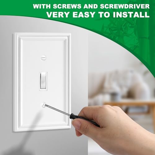 White Decorative Single Toggle Light Switch Covers Wall Plate, Natural Material Switch Plate Covers - Modern Style (1 Gang Toggle 4 Pack)