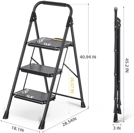KINGRACK 3 Step Ladder, Sturdy Steel Step Stool with Anti-Slip Wide Pedals, Handrail, Safe-Lock Design, Pass 800lbs Load Testing, Folding Portable Ladder for Multi-Purpose, Home, Kitchen, Black