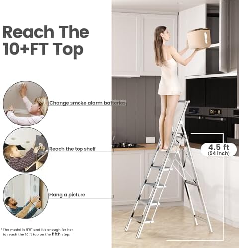 6 Step Ladder, Folding Step Stool with Handgrip and Anti-Slip Wide Pedal, Portable Lightweight Aluminum Stepladder for Kitchen, Home, Library, Office (300 lbs Capacity) - White