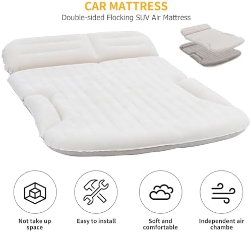 KMZ SUV Air Mattress Thickened and Double-Sided Flocking Travel Camping Bed with 2 Pillows & Electric Pump Dedicated Mobile Cushion Inflatable Bed for SUV Trunk and Rear Seat (Beige and Coffee)