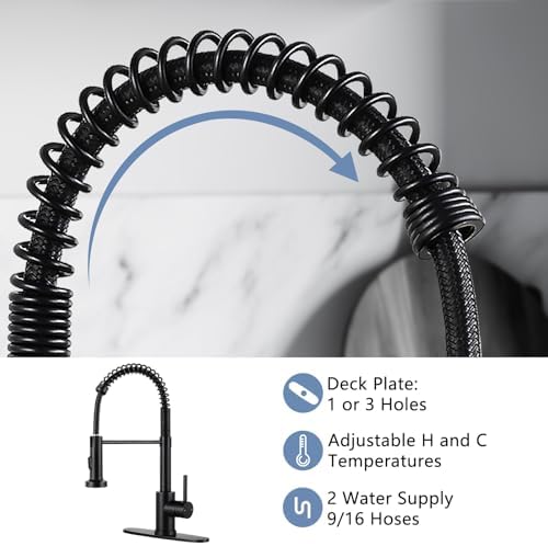 DJS Kitchen Faucets with Pull Down Sprayer Matte Black - Dual Mode Setting Single Handle 1 or 3 Holes Commercial Black Kitchen Sink Faucet with Deck Plate for Farmhouse RV Vessel Basin