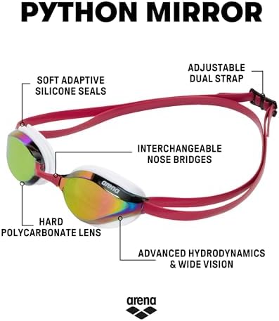 ARENA Unisex Python Racing Swim Goggles for Men and Women Anti-Fog No Leak Max Comfort Dual Strap, Mirror/Non-Mirror Lens