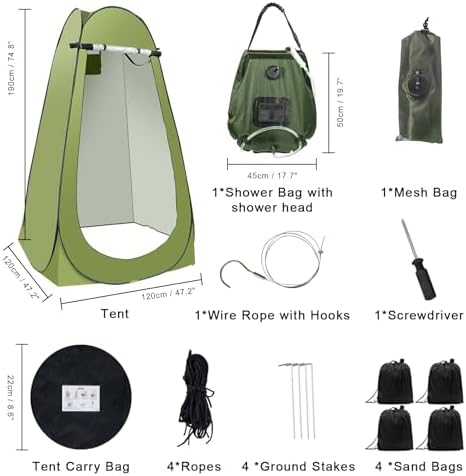 Portable Camping Privacy Tent, Outdoor Shower Tent Kit with 5 Gallon Shower Bag-(Nozzle Upgraded)