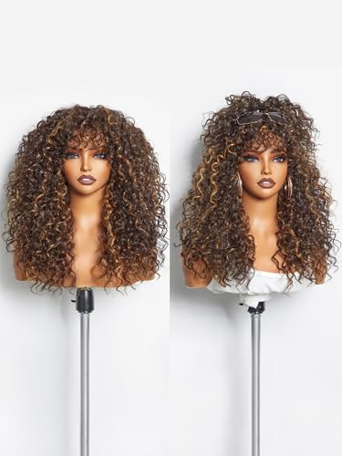 GORGIUS Highlight Brown Curly Wig with Bangs Glueless Synthetic Bang Wigs with Realistic Scalp Put On ang Go Beginner Friendly 20 Inch