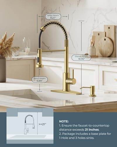 FORIOUS Gold Kitchen Faucet with Pull Down Sprayer, Stainless Steel Commercial Single Handle Classic Spring Pull Out Sink Faucet for Farmhouse Camper Laundry Utility Room