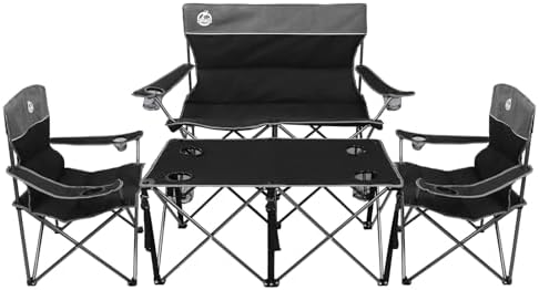 Folding Camping Chair Set of 4, Portable Collapsible Conversation Set w/1 Sofa, 2 Single Chairs, 1 Table for Family Patio, Outdoor Travel,Beach(Black)