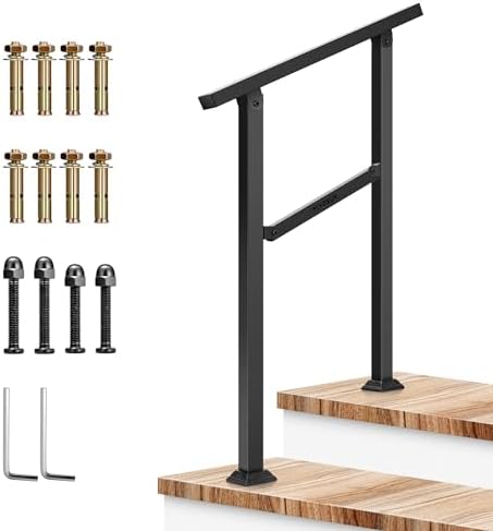 VIVOSUN Outdoor Handrail, 2 Step Stair Handrail, 26" × 36" Fits 1 to 2 Steps, Wrought Mattle Iron Handrail for Concrete Steps, Porch Steps, One-Step Assembly, Black