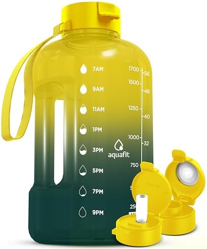 AQUAFIT 64 oz Water Bottle with Time Marker - Straw & Chug Lid - BPA Free Half Gallon, Big, Gym Water Bottle with Handle, Gallon Jug (Forest Fade, 64 Ounces)