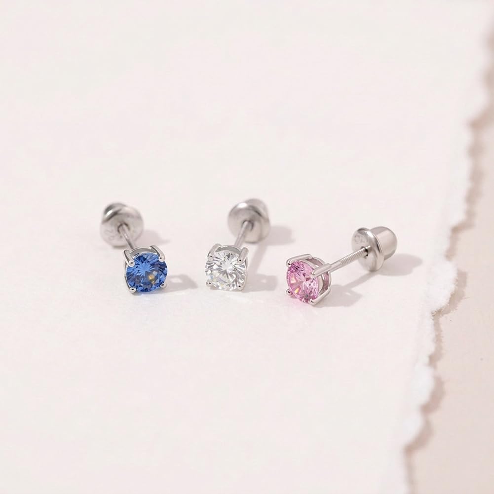 In Season Jewelry CZ Solitaire Kids Earrings – 925 Sterling Silver - Clear