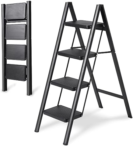 4 Step Ladder Folding Step Stool, Heavy Duty 330 Lbs Load Step Ladders for Home, Tall Kitchen/Closet Stepladder for Adults, Black Small & Lightweight Ladder with Anti-Slip Wide Pedals by OOSOFITT
