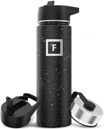 IRON °FLASK Camping & Hiking Hydration Flask with 3 Lids - Stainless Steel, Double Walled & Vacuum Insulated Water Bottle - Leak Proof & BPA Free (Black Speckle, Straw - 22 oz)