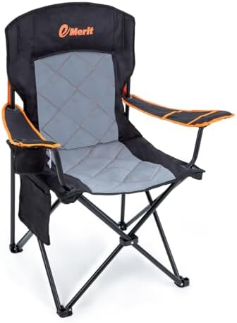 EMERIT Oversized Padded Camping Chair, 350LB Heavy Duty Quad Fold Chair with Arms, Collapsible Outdoor Chairs with Lumbar Back & Cup Holder Black