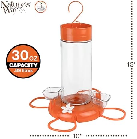 Nature's Way Hanging Glass Oriole Feeder for Outdoor Décor, 30 Ounce Capacity Nectar Feeder, Jelly Dishes, Orange Fruit Holders, 4 Eash to Clean Flexible Ports, Ant Moat, Bee Guards, Orange