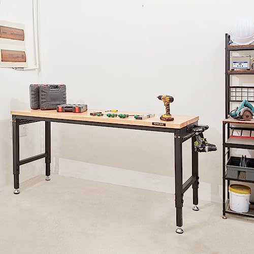 VEVOR Workbench for Garage 72" Adjustable Workbench, Heavy-Duty Hardwood Worktable with Universal Wheels, 3000 LBS Load Capacity, with Power Outlets, for Workshop, Garage, Office and Home
