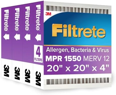 Filtrete 20x20x4 AC Furnace Air Filter, MPR 1550, MERV 12, Fits Lennox & Honeywell, Allergen, Electrostatic Air Cleaning Filter, 4-Pack (actual size 19.88 x 19.88 x 4.31)