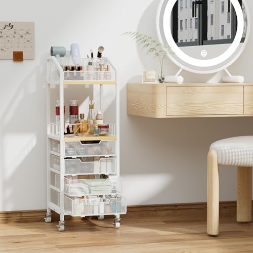 HapiRm Makeup Organizer Storage Cart - Floor Skincare Make Up Storage with 4 Drawers, Rolling Makeup Cart Vanity Organizer Cosmetics Display Cases Holder for Skin Care Perfume Nail Polish