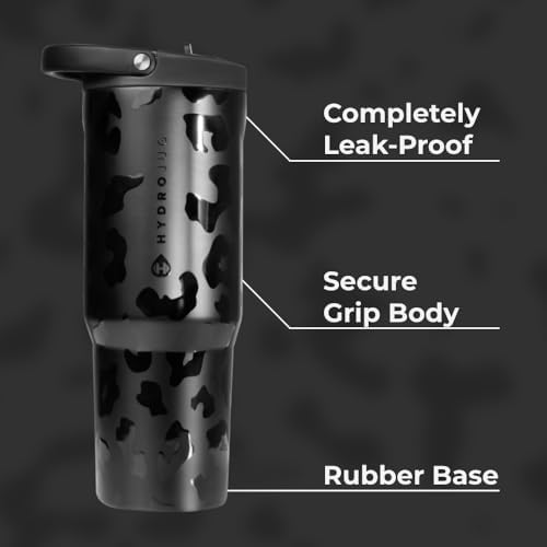 HydroJug Sport - Stainless Steel Tumbler with Straw, Vacuum Insulated, 40oz Leakproof Water Bottle, Ergonomic Design, Reusable, Dishwasher Safe, Rubber Base, Durable for Gym or Outdoors, Black Leopard