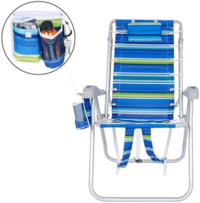 Ultimate Heavy Duty High Seat Aluminum Folding Backpack Beach Chair for Adults | Lay Flat, 5 Reclining Positions | Removable Insulated Cooler Pouch & Canopy for UV Protection