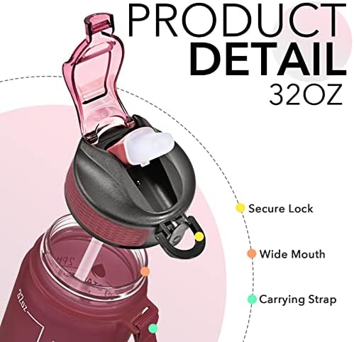 Hyeta 32 oz Water Bottles with Times to Drink and Straw, Motivational Water Bottle with Time Marker, Leakproof, Drinking Sports Water Bottle for Fitness, Gym and Outdoor