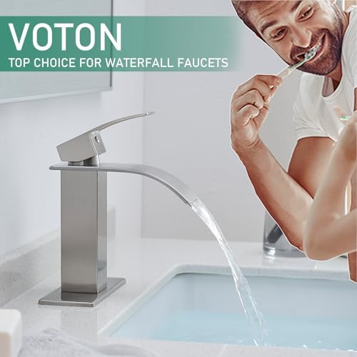 VOTON Waterfall Bathroom Faucets Brushed Nickel Modern Single Handle Sink Faucet for 1 or 3 Holes with Deck Plate and Pop-Up Drain, Rv Sink Camper Farmhouse Faucet