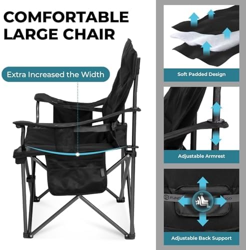FUNDANGO Oversized Camping Chair for Adults, 550 Lbs Portable Folding Beach Fishing Lawn Chair with Cushion seat & Back, 4-can Cooler&Cup Holder, Carry Bag Included for Outdoor (Black)